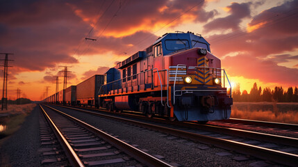 Freight Train in Twilight: Rail Transport at Sunset