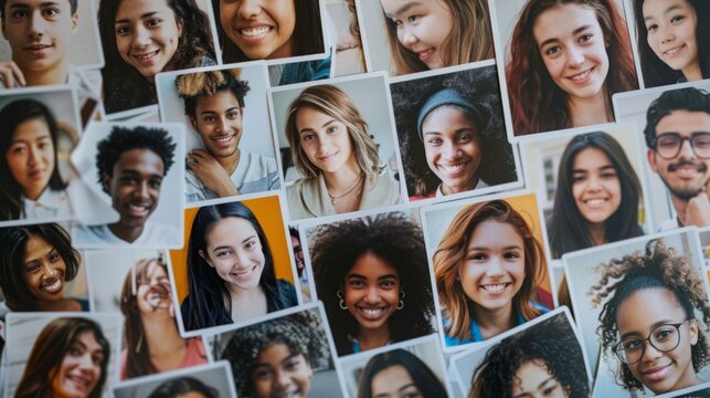 Multiple faces of diverse individuals arranged in a collage on a wall.