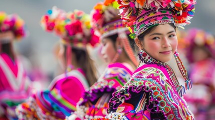 Young woman in colorful Hmong attire at a cultural event, ideal for cultural diversity and festival themes.