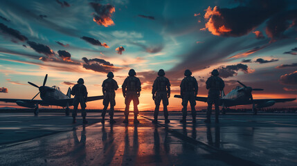 Pilots in uniform standing before aircraft at sunset, a dramatic sky behind them