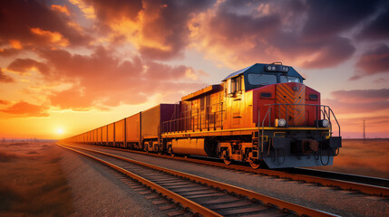 Fototapeta premium Freight Train at Sunset: Powerful Locomotive Against a Majestic Sky