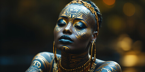 a black woman with golden tribal face paint