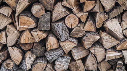Fototapeta premium Stacked firewood close-up, excellent for energy and sustainability topics or rustic home design articles.