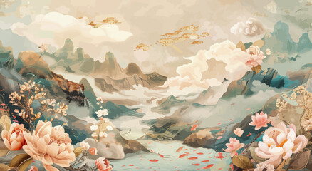 a painting of a mountain landscape with flowers