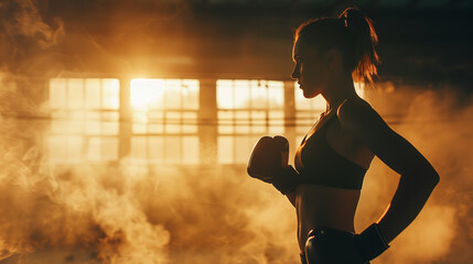 Fototapeta premium Side view of a woman in a boxing gym, silhouetted against a bright sunlit window, exuding determination and strength, ideal for Boxing Day and fitness themes