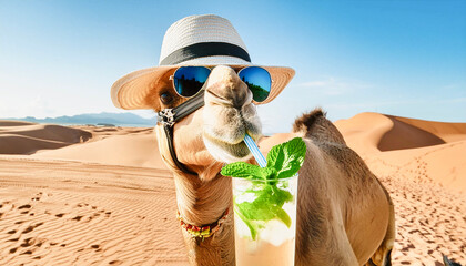 Funny thirsty camel drinking tea in the desert.
