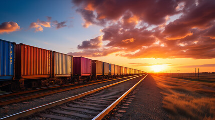 Fototapeta premium Freight Containers on Tracks at Sunset