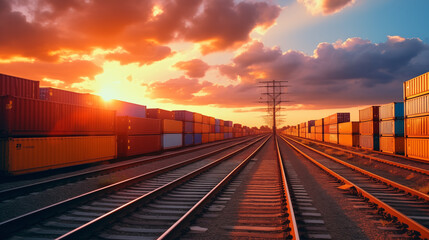 Obraz premium Railway Freight Containers at Sunset
