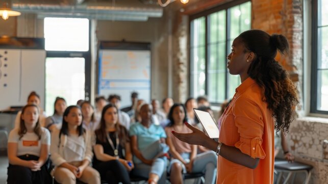 A woman stands confidently in front of a group, delivering a presentation with gestures and visuals.