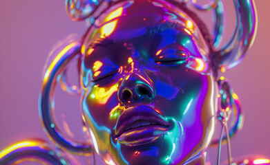 Surreal Fashion Concept: Neon-Hued Woman Sculpture with Chrome Fluid Halo