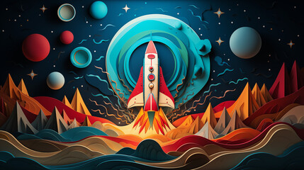 Obraz premium Colorful Rocket Launch with Planets and Mountains in the Background - Digital Artwork