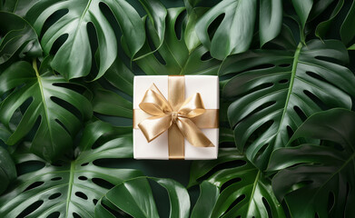 Tropical Elegance: White Gift Box with Gold Ribbon and Greenery