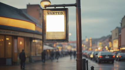 Small wanted poster with blank space on a lamp post on a street at dusk. Missing persons or animals.