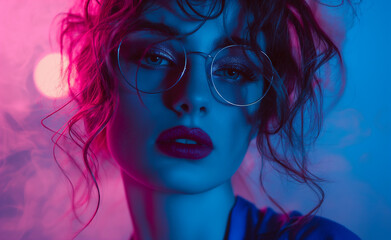 Fototapeta premium Surreal Fashion Concept: Neon Glow and Shimmer Makeup