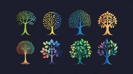 A set of eight colorful tree icons. The trees are all different colors, and they have different types of leaves. The icons are all on a transparent background.