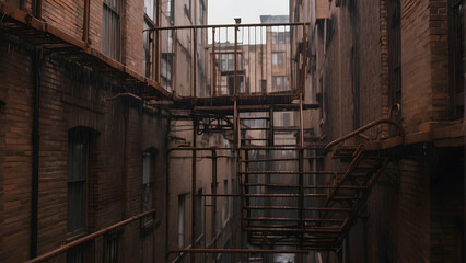 Dark urban alleyway with fire escape stairs