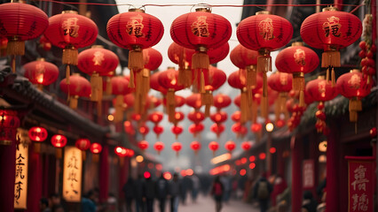 Traditional red lanterns hanging in a market
