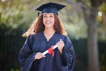 University, smile and woman at graduation in park, ceremony or outdoor campus event with diploma....