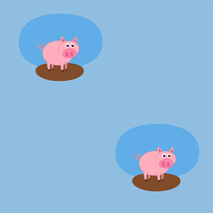 Decorative pattern print of a young pig in profile in a muddy meadow with a blue sky - vector