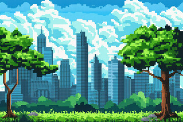 16-bit pixel art park scene with downtown skyline in the background