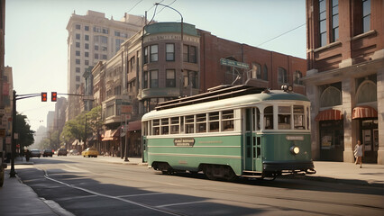 Naklejka premium Historic tram on sunny city street