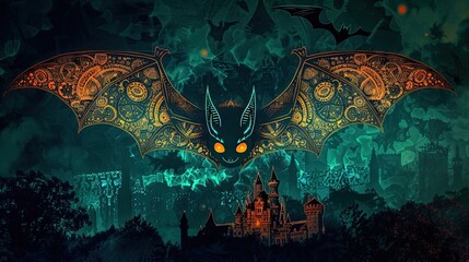 A bat soars gracefully through the night sky above a bustling city, wings outstretched as it moves across the cityscape below. Halloween celebration