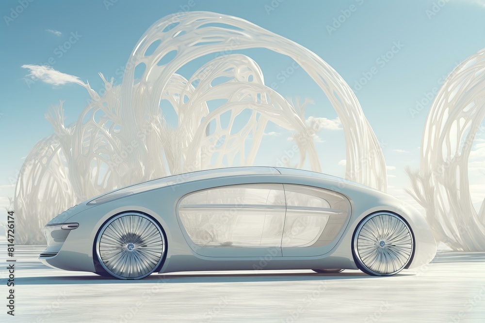 Fototapete modern vehicle with sleek design set against a surreal white background with organic structures