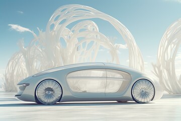 Modern vehicle with sleek design set against a surreal white background with organic structures