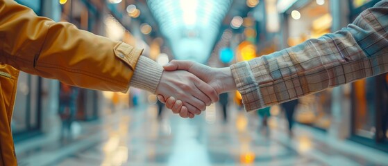 Fashion retailers shaking hands in a bustling mall, agreeing on a lease for a new store location