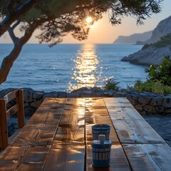 Table against tranquil ocean backdrop blur.
