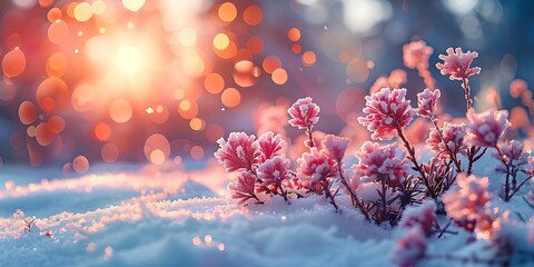 Beautiful rhododendron flowers in the snow at sunrise