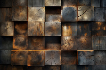 wood background, A captivating display of wood-aged art architecture textures, arranged in abstract block stacks on the wall to create a mesmerizing background