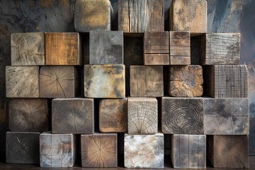 wood blocks, A captivating display of wood-aged art architecture textures, arranged in abstract block stacks on the wall to create a mesmerizing background