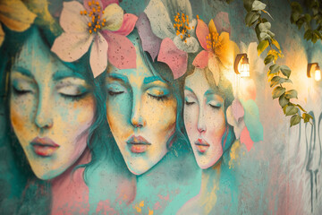 painting on wall, A captivating mural adorns a city wall, where abstract pastel-colored woman faces with flowers emerge from the vibrant graffiti art