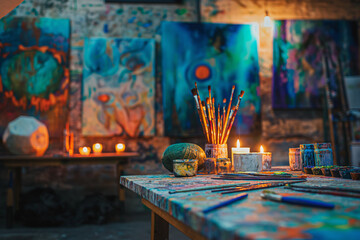 art studio, A captivating scene unfolds in an art workshop, where a table is laden with brushes and...