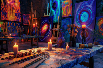 art gallery, A captivating scene unfolds in an art workshop, where a table is laden with brushes...
