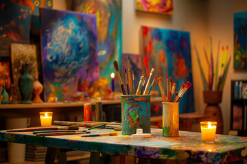 art studio, A captivating scene unfolds in an art workshop, where a table is laden with brushes and tools, poised to unleash the artist's creativity