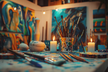 palette with brushes, A captivating scene unfolds in an art workshop, where a table is laden with brushes and tools, poised to unleash the artist's creativity