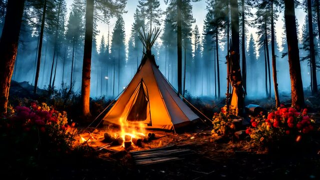 Native American Indian tent with campfire in the forest