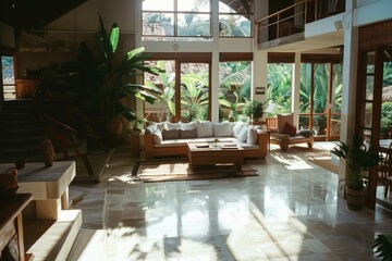 Sunny Tropical Living Room with Comfortable Seating and Lush Greenery - Powered by Adobe