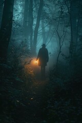 Mysterious Silhouette Walking Through Misty Forest at Twilight with Lantern