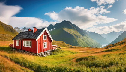 A red-painted house in a mountainous, short-cut meadow, wide view, copy space.