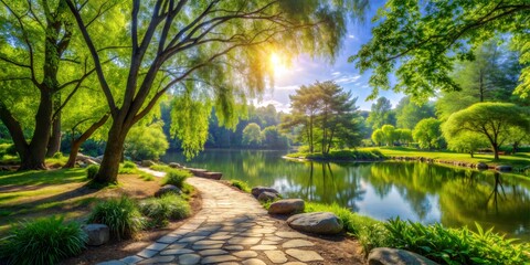 Beautiful colorful summer spring natural landscape with a lake in Park surrounded by green foliage of trees in sunlight and stone path in foreground.