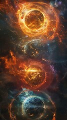 Historical progression series of paintings showing the transformation of a supernova remnant over centuries