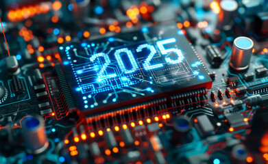 Happy New Year 2025. Circuit Board with Advanced Microchips and CPU.