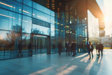 Blurry image of business professionals conversing outside a contemporary glass building, bathed in the glow of the setting sun.