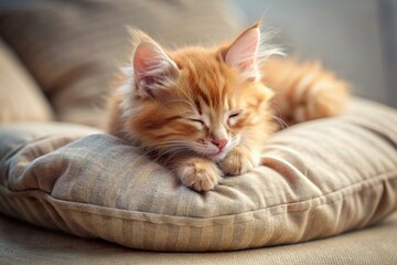 Obraz premium A cute red fluffy kitten is sleeping on a pillow by the window. The cat is comfortably ensconced in his favorite place to relax in the rays of the sun.