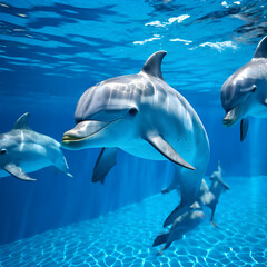 Obraz premium dolphins swimming in the clear blue water of the pool closeup,Close-up of dolphins in their natural habitat, clear blue waters reflecting sunlight.generate ai 