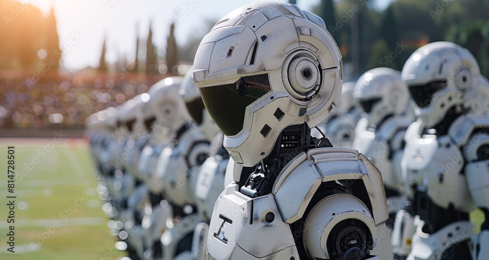 Poster A group of robots are perfectly aligned on a grassy field under the open sky.