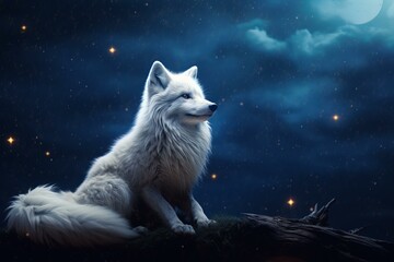 Serene white wolf rests on a hill under a mystical starlit sky, evoking wild beauty